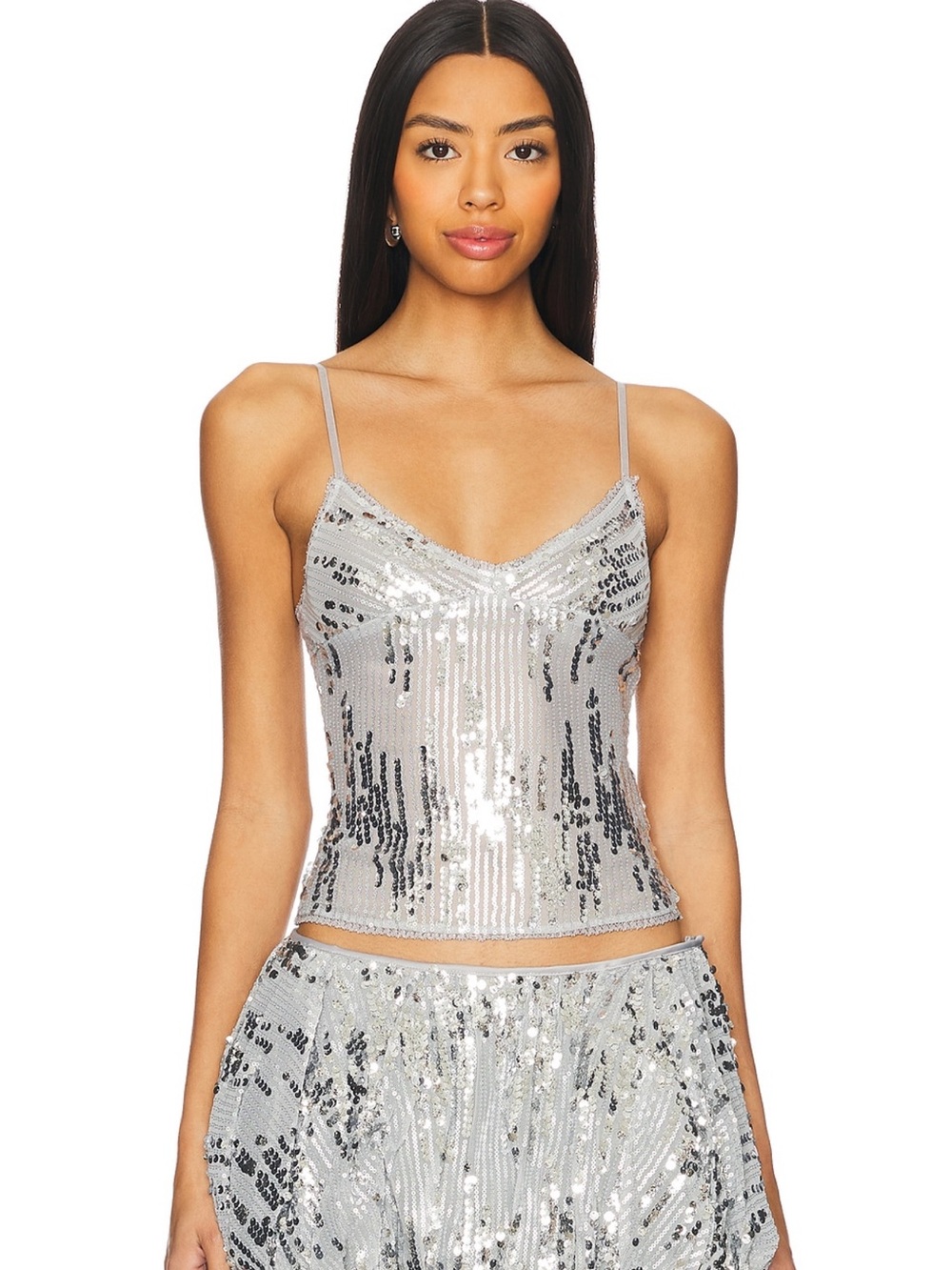 Jaded London Revolve Sequin Lace Cami Top in Silver